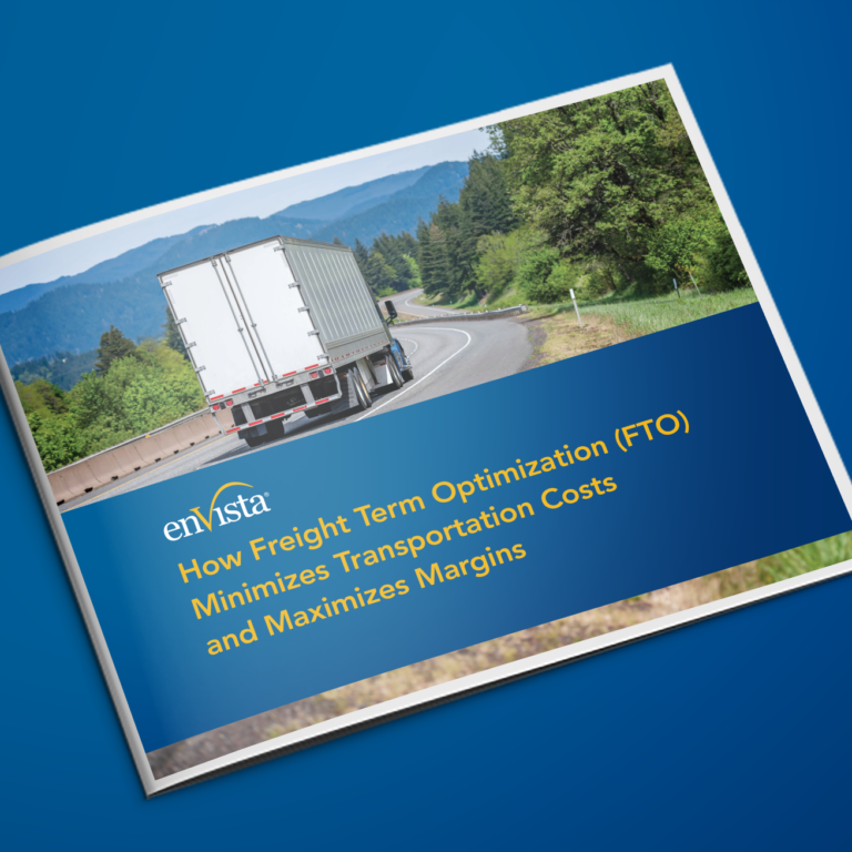 A booklet with a cover image of a semi-truck driving on a highway surrounded by trees and hills. The title reads, “How Freight Term Optimization (FTO) Minimizes Transportation Costs and Maximizes Margins.”.
