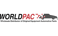 Logo for WORLDPAC, showing the company name in black and red text, a pixelated car graphic, and the tagline Wholesale Distributor of Original Equipment Automotive Parts underneath.