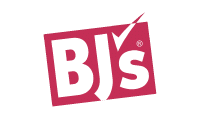 BJ’s logo in white letters on a tilted red rectangle, with a checkmark forming part of the letter J.