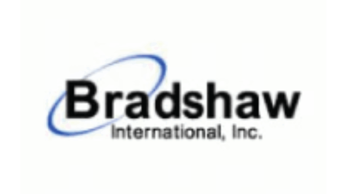 Logo for Bradshaw International, Inc. The word Bradshaw is in bold black text, with a blue swoosh encircling the B. International, Inc. appears in smaller black text below Bradshaw.
