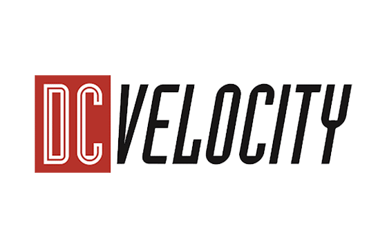 The DC Velocity logo features the letters DC in white within a red rectangle, followed by the word VELOCITY in bold, black, italicized capital letters on a light gray background.