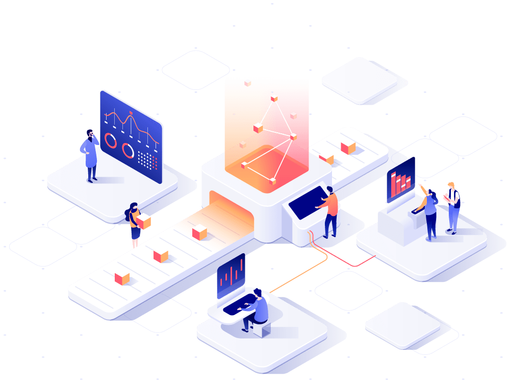 Isometric illustration of people analyzing data and graphs on screens, managing boxes on a conveyor belt, orchestrating orders, and interacting with digital devices in a modern tech or business environment.