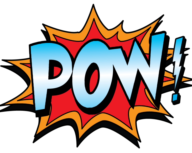 Comic-style POW! text in bold blue letters with a red and orange explosion background, capturing the dynamic energy of classic superhero action graphics—perfect for illustrating an automation system implementation breakthrough.