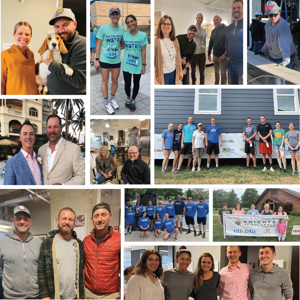 A collage of group photos showing associates at various events, including races, team activities, outdoor work, and informal gatherings. Some are posing with pets or banners, smiling and enjoying themselves.