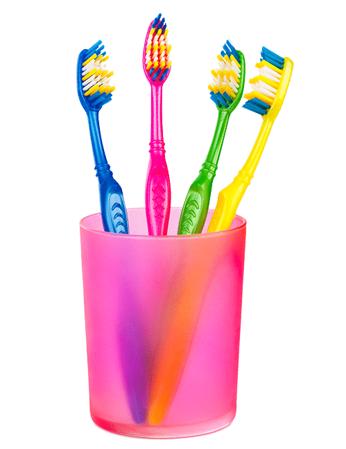 Four colorful toothbrushes—blue, pink, green, and yellow—stand upright in a translucent pink cup on a white background, perfect for showcasing supply chain consulting services with a fresh and organized appeal.