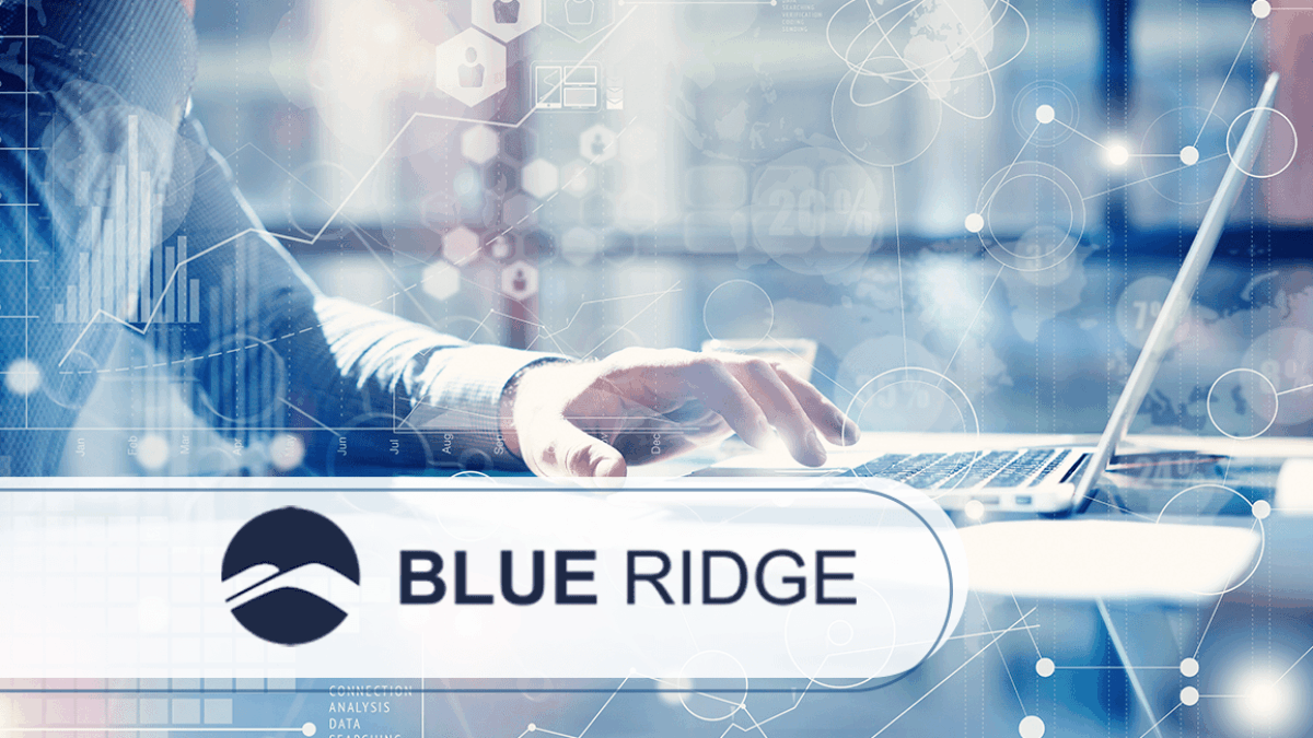 A person’s hand using a laptop with a digital interface overlay. The foreground shows the Blue Ridge logo and text on a translucent panel. The background is blurred with abstract tech and data icons.