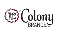 Colony Brands, Inc. logo featuring a black and white illustration of two people holding items, framed by a red and black oval border, next to the company name in stylized black text on a white background.