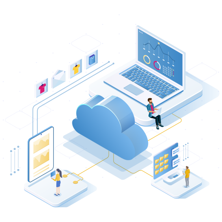 Illustration of people interacting with cloud computing technology and edi solutions, connecting devices like a laptop, smartphone, and server for data analysis, file sharing, and online storage with charts and icons.