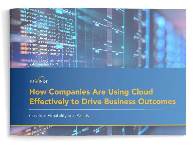 A booklet cover showing computer code and digital screens, titled How Companies Are Using Cloud Effectively to Drive Business Outcomes by enVista, with a subtitle, Creating Flexibility and Agility.
