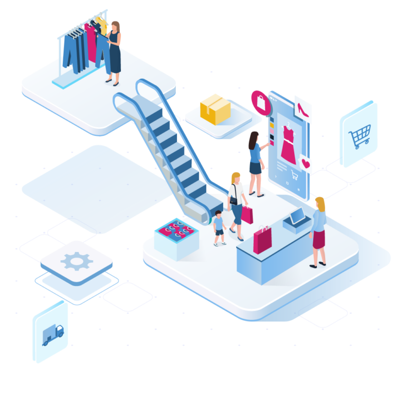 An illustration of people shopping in a modern retail setting, featuring clothing racks, an escalator, a checkout counter, shopping bags, digital shopping icons, and BOPIS software seamlessly integrated into the environment.