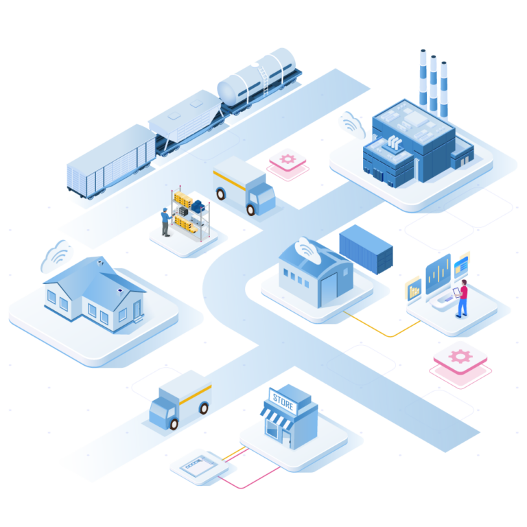 Isometric illustration of a smart city with connected homes, factories, vehicles, a train, store, and people, highlighting transportation consulting and wireless communication for seamless data exchange in an industrial and urban setting.