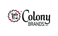 Colony Brands logo featuring a black-and-white illustration of two people carrying baskets, encircled by a red and black border, next to the text Colony BRANDS, INC. in bold black letters.