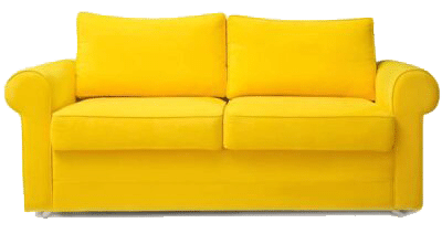 A bright yellow, two-seater sofa with rounded arms and two large back cushions, perfect for retail consulting spaces, shown against a plain white background.