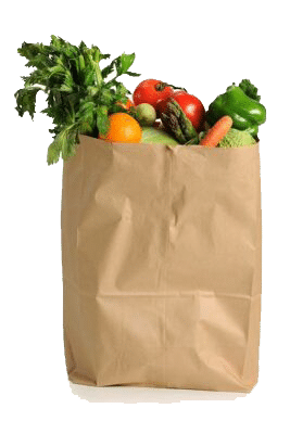 A brown paper grocery bag filled with fresh vegetables, including celery, tomatoes, carrots, bell peppers, and an orange, represents the efficiency of transportation network optimization against a white background.