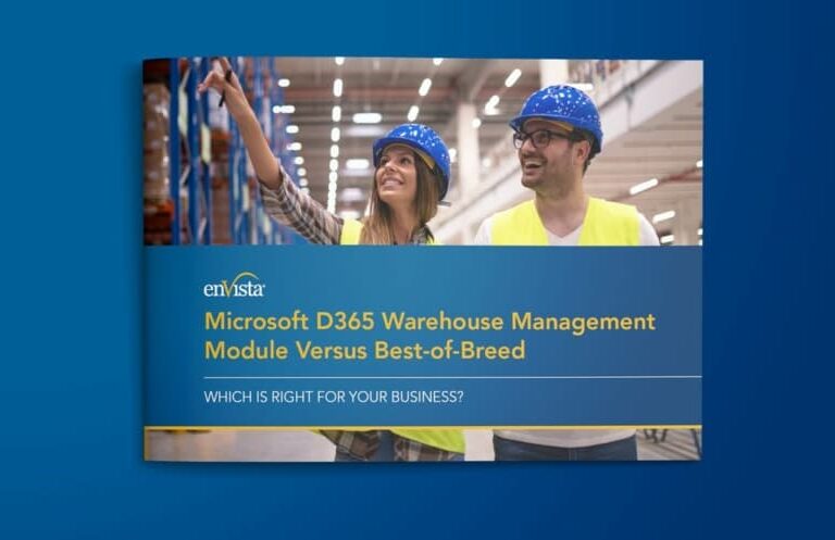 Two people in safety vests and blue hard hats stand in a warehouse, smiling and pointing, with text overlay: Microsoft D365 Warehouse Management Module Versus Best-of-Breed. WHICH IS RIGHT FOR YOUR BUSINESS?.