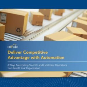 A book cover titled Deliver Competitive Advantage with Automation shows cardboard boxes on a conveyor belt. The subtitle reads, 8 Ways Automating Your DC and Fulfillment Operations Can Benefit Your Organization.