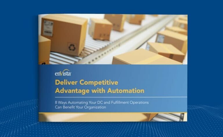 A book cover titled Deliver Competitive Advantage with Automation shows cardboard boxes on a conveyor belt. The subtitle reads, 8 Ways Automating Your DC and Fulfillment Operations Can Benefit Your Organization.