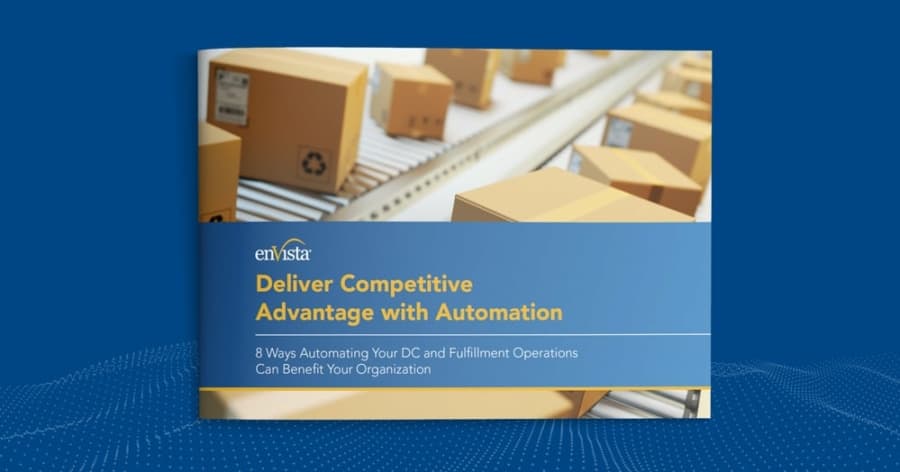 A book cover titled Deliver Competitive Advantage with Automation shows cardboard boxes on a conveyor belt. The subtitle reads, 8 Ways Automating Your DC and Fulfillment Operations Can Benefit Your Organization.