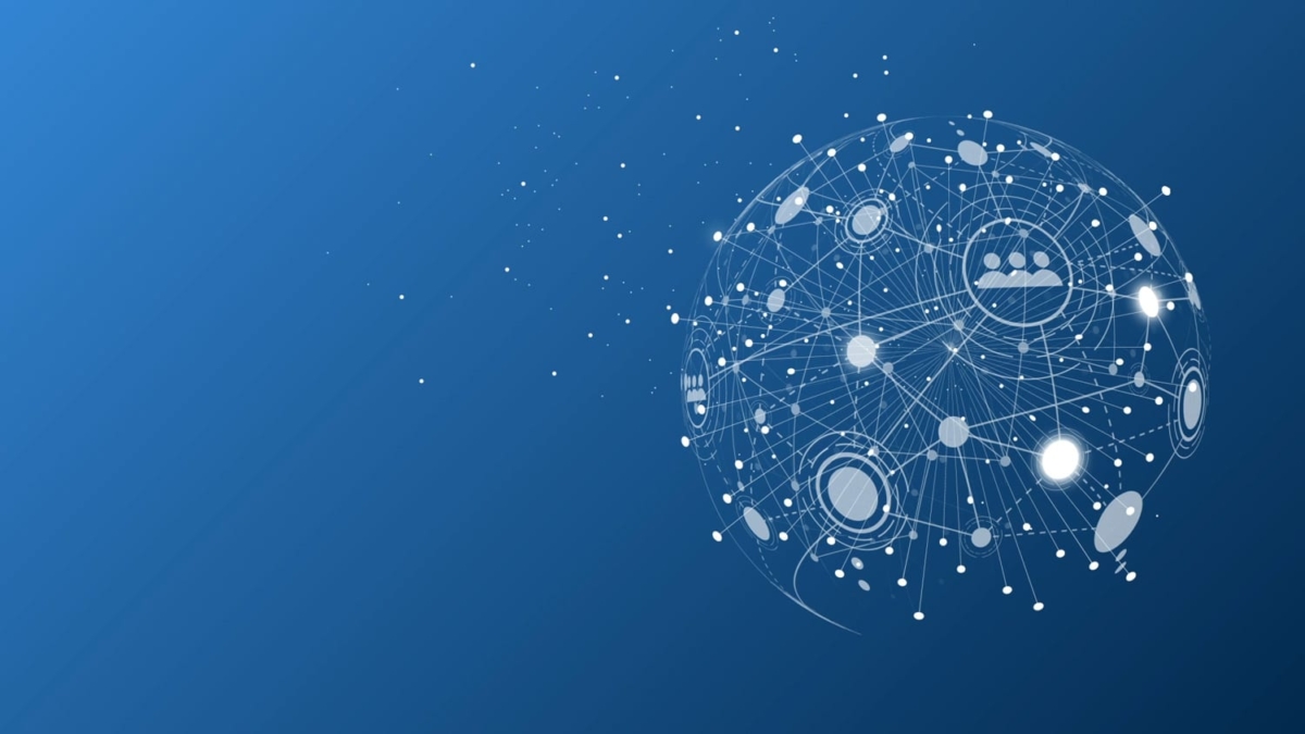 A digital globe of interconnected lines and nodes on a blue gradient background, representing networking, technology, or global communication—perfect for illustrating Microsoft Business Solutions.