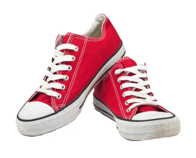 A pair of red canvas sneakers with white rubber soles and white laces, positioned so that one shoe leans against the other on a plain white background—an image as crisp and organized as expert warehouse design consulting.