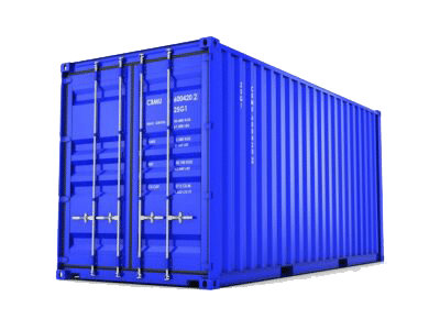 A large blue shipping container with metal doors and locking mechanisms, standing on a white background—ideal for use in transportation management systems.