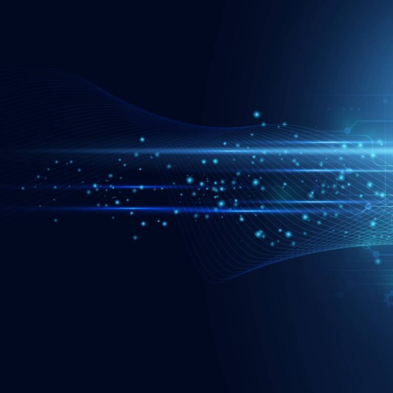 Abstract digital background with blue light streaks, glowing particles, and circuit-like patterns on a dark blue gradient, evoking technology solutions, speed, and seamless data flow.