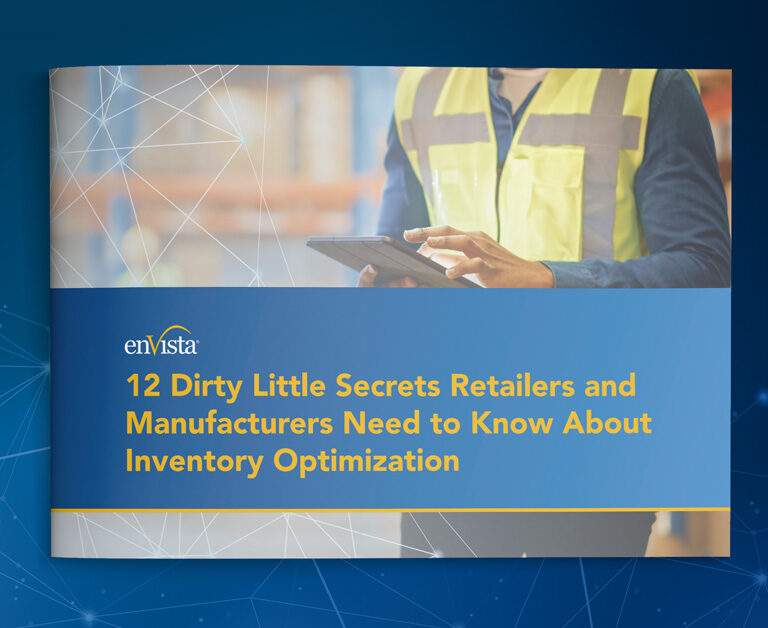 A booklet cover titled 12 Dirty Little Secrets Retailers and Manufacturers Need to Know About Inventory Optimization with a person in a safety vest using a tablet in the background.