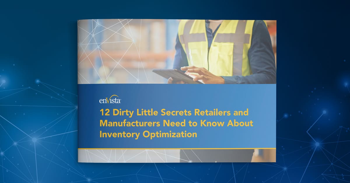 A booklet cover titled 12 Dirty Little Secrets Retailers and Manufacturers Need to Know About Inventory Optimization with a person in a safety vest using a tablet in the background.