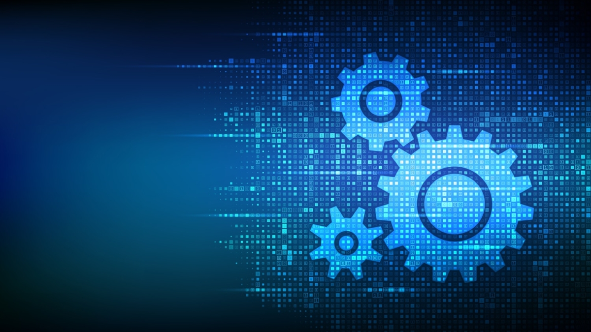 Three glowing blue gears of different sizes overlap on the right against a dark blue digital background with small squares, representing technology, mechanics, or digital processes. The left side fades into empty space.
