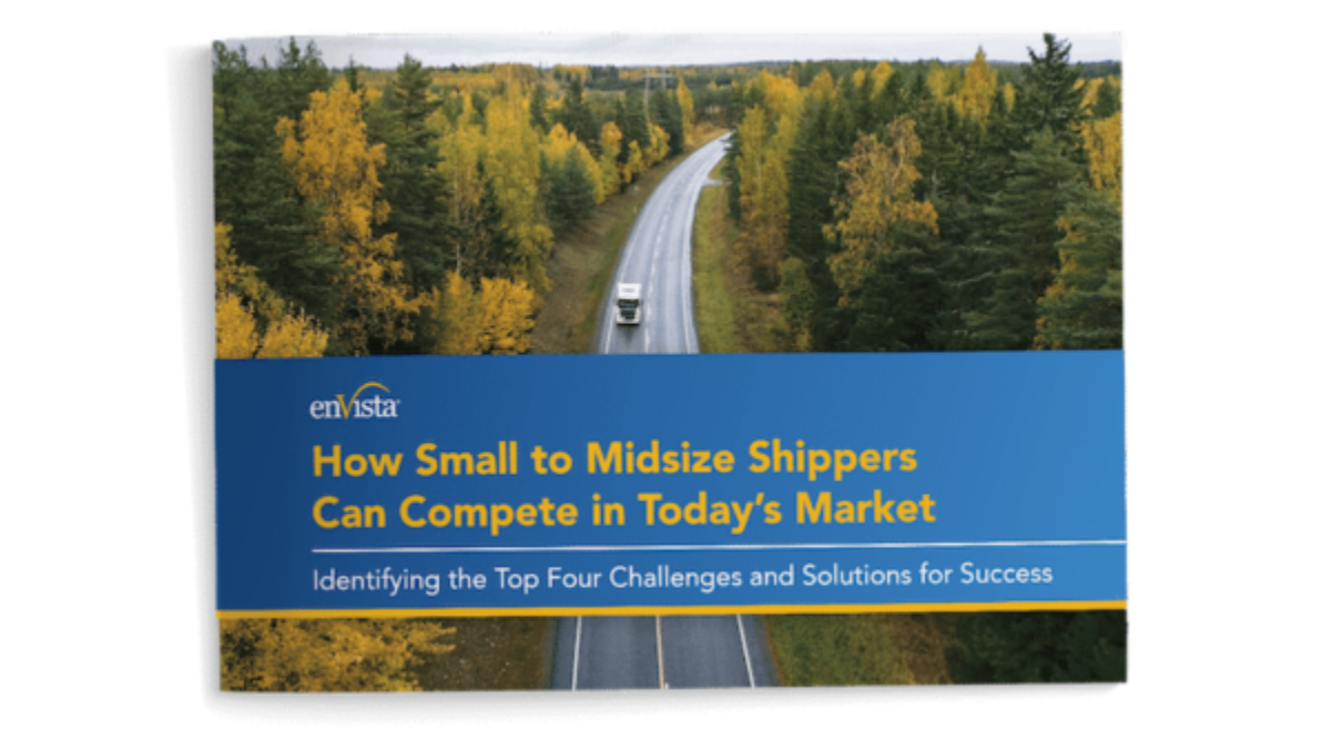A book cover featuring a truck driving on a road through a forest with autumn trees. The title reads: How Small to Midsize Shippers Can Compete in Todays Market with a subtitle about challenges and solutions for success.