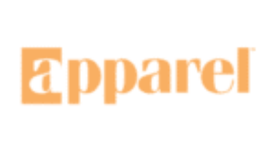 The word apparel is written in lowercase, bold, orange letters on a white background. The letter a is stylized with a cut-out design in a square.
