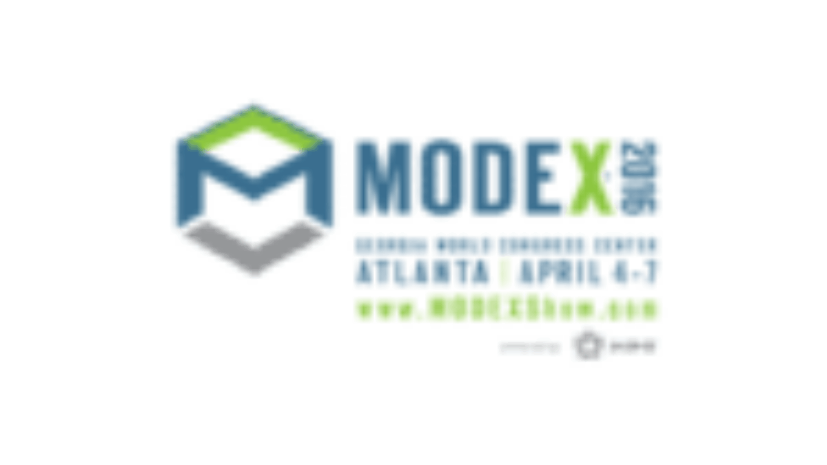 Logo for MODEX 2016. Text reads: MODEX 2016, Georgia World Congress Center, Atlanta, April 4-7, www.modexshow.com with a blue and green geometric logo on the left.