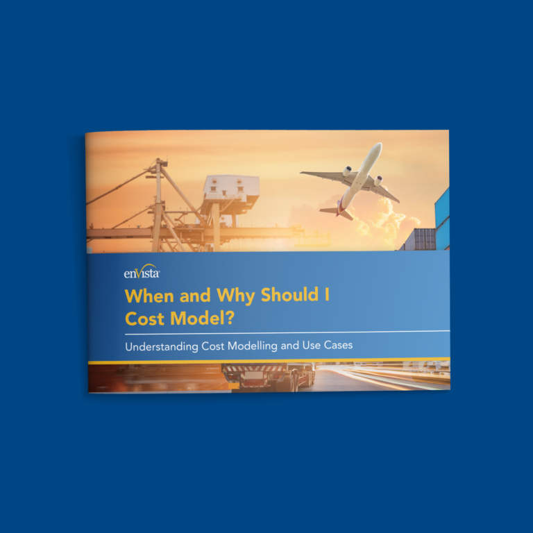 A booklet titled When and Why Should I Cost Model? Understanding Cost Modelling and Use Cases features images of a cargo ship, crane, and airplane on the cover with a blue and orange color scheme.