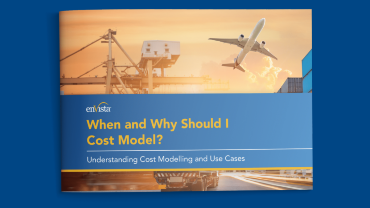 A booklet titled When and Why Should I Cost Model? Understanding Cost Modelling and Use Cases features images of a cargo ship, crane, and airplane on the cover with a blue and orange color scheme.