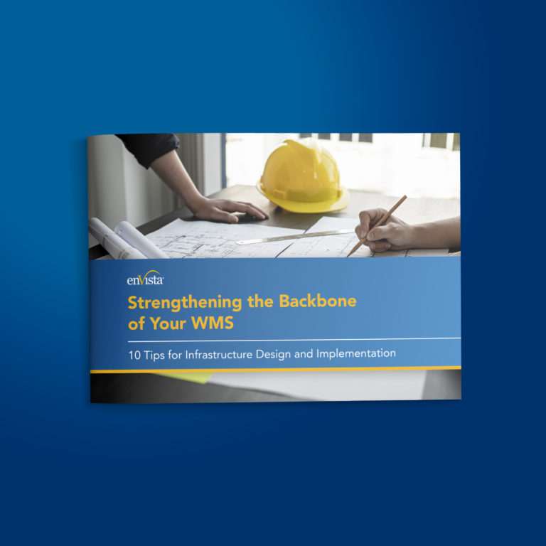 A booklet cover titled Strengthening the Backbone of Your WMS with a subtitle 10 Tips for Infrastructure Design and Implementation. The image shows two people working with blueprints and a yellow hard hat on a table.
