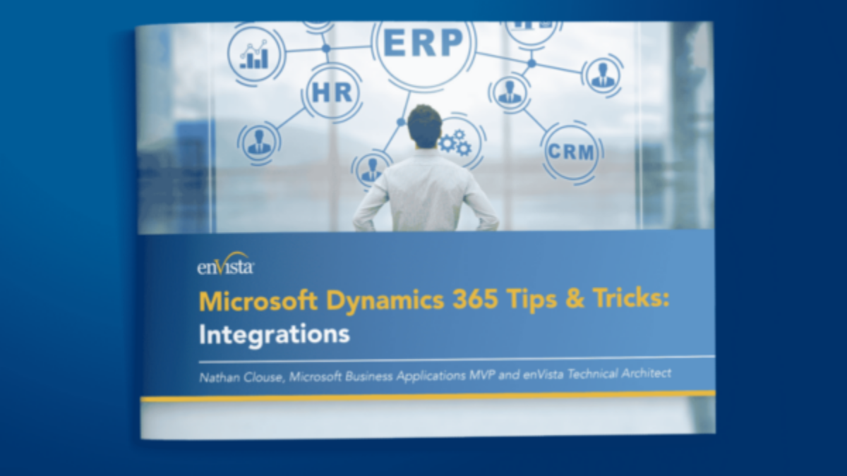 A brochure with the title Microsoft Dynamics 365 Tips & Tricks: Integrations by Nathan Clouse is shown, featuring icons for ERP, HR, CRM, and business technology on a blue background.