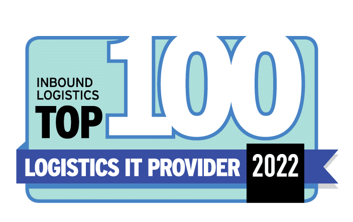 A graphic badge reading Inbound Logistics Top 100 Logistics IT Provider 2022, featuring bold text and a blue ribbon banner, highlights excellence in labor management systems on a light background.