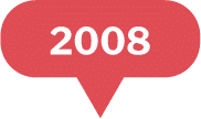 A red speech bubble with the year 2008 written in bold white text at the center.