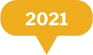 A yellow speech bubble with a pointed tail at the bottom, containing the year 2021 in bold white text.