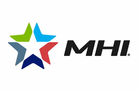 A five-pointed star made of green, blue, light blue, and red segments next to bold, black letters MHI on a white background.