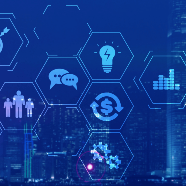 Blue-toned cityscape background with translucent hexagons containing business-related icons, such as a target, chat bubbles, lightbulb, gears, people, money exchange, growth chart, and network connections.