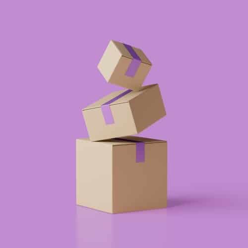 Three cardboard boxes with purple tape are stacked unevenly against a purple background, with the top box appearing to be in mid-air as if falling or being placed onto the others.