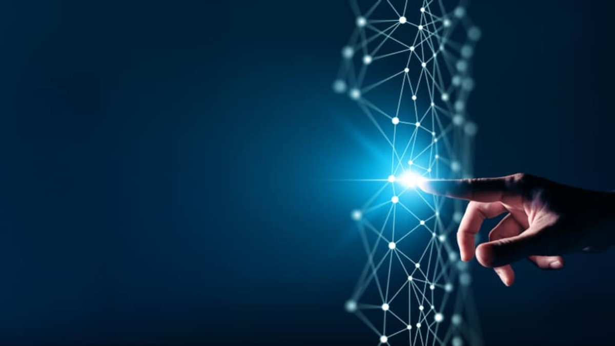 A hand reaching out to touch a glowing point on a digital network of connected lines and nodes, symbolizing technology, innovation, and the power of digital transformation consulting against a dark blue background.