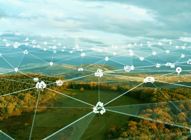 A network of trees and a field illustrates the harmony achievable through sustainable logistics.