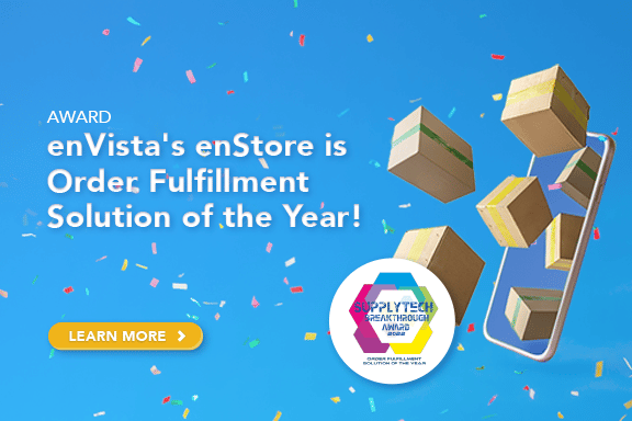 Smartphone with flying boxes and confetti on blue background. Text reads, AWARD enVistas enStore is Order Fulfillment Solution of the Year! Includes a yellow Learn More button and a colorful SupplyTech award badge.