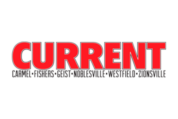 The word CURRENT in large, bold red letters, with the names Carmel, Fishers, Geist, Noblesville, Westfield, and Zionsville in smaller black letters beneath it. White background.