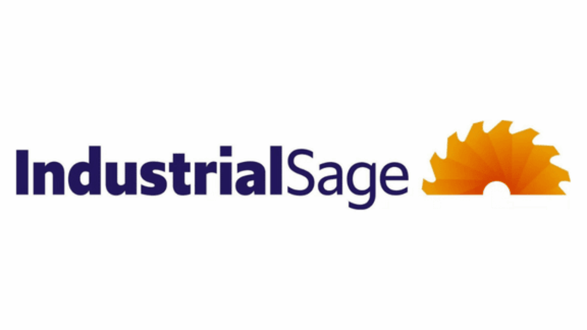 IndustrialSage logo with Industrial in bold navy text, Sage in regular navy text, and an orange circular saw blade graphic on the right. The background is white.