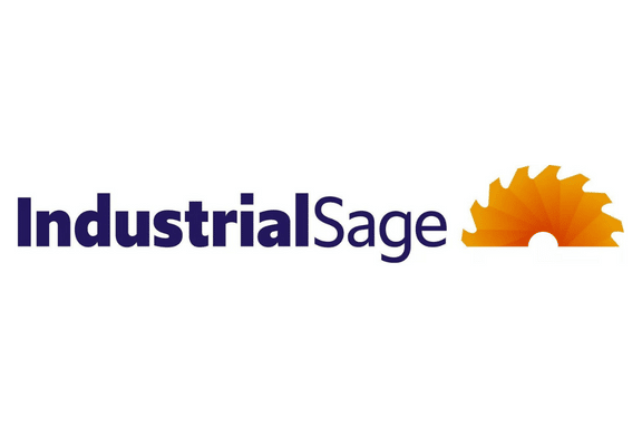 IndustrialSage logo with Industrial in bold navy text, Sage in regular navy text, and an orange circular saw blade graphic on the right. The background is white.