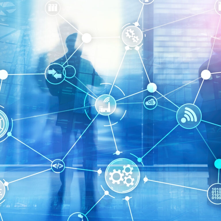 Silhouettes of business people stand in a modern office. A digital network of interconnected icons, including gears and graphs, is overlaid, symbolizing technology, data, supply chain execution software, and global connectivity.