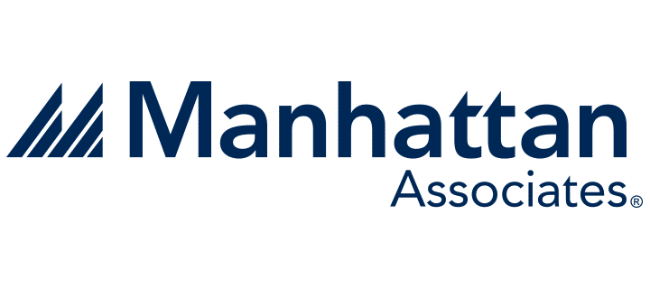 Manhattan Associates logo with three stylized blue diagonal lines on the left and the company name Manhattan Associates in dark blue text, representing expertise in Manhattan WMS, on a light background.